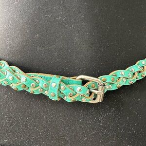 Sam Brown Braided Leather Turquoise Studded Belt-Size Up To 36"